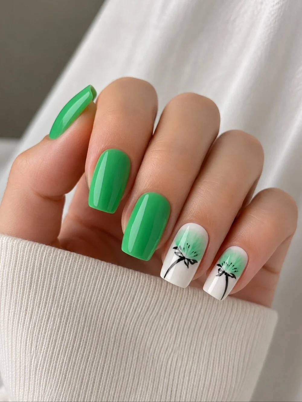 🔥3/$21  Light Green Dandelion design Press on nails